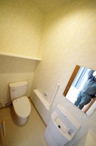 トイレの様子。最低限の機能は備えながら、手すりなど高齢者に配慮した造りとなっている。